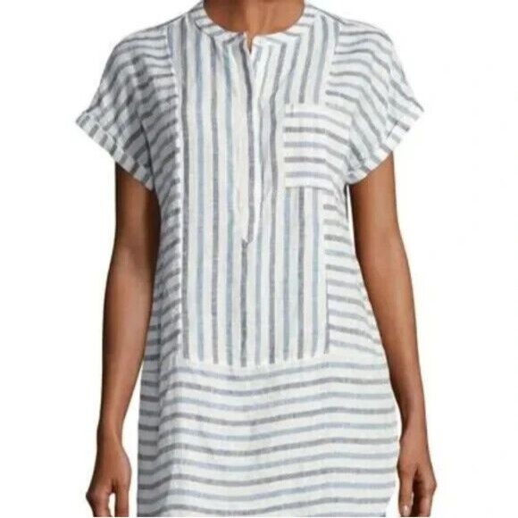 Two by Vince Camuto Medium Woven Striped Tunic Top Blue Linen Cuffed Cap Sleeve - Picture 1 of 12